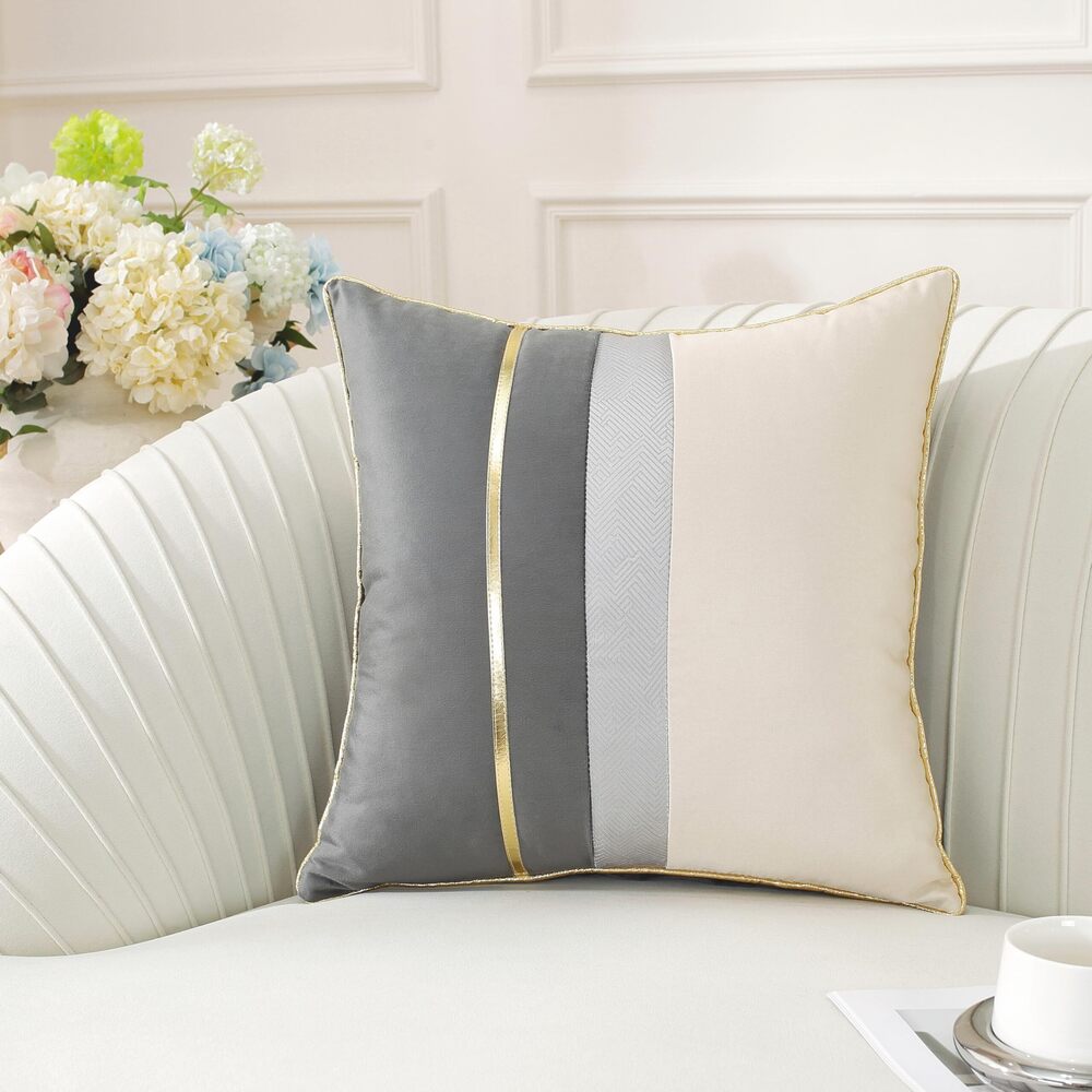 1145 Pack of 2, Gray Beige Patchwork Velvet Throw Pillow Cover with Gold